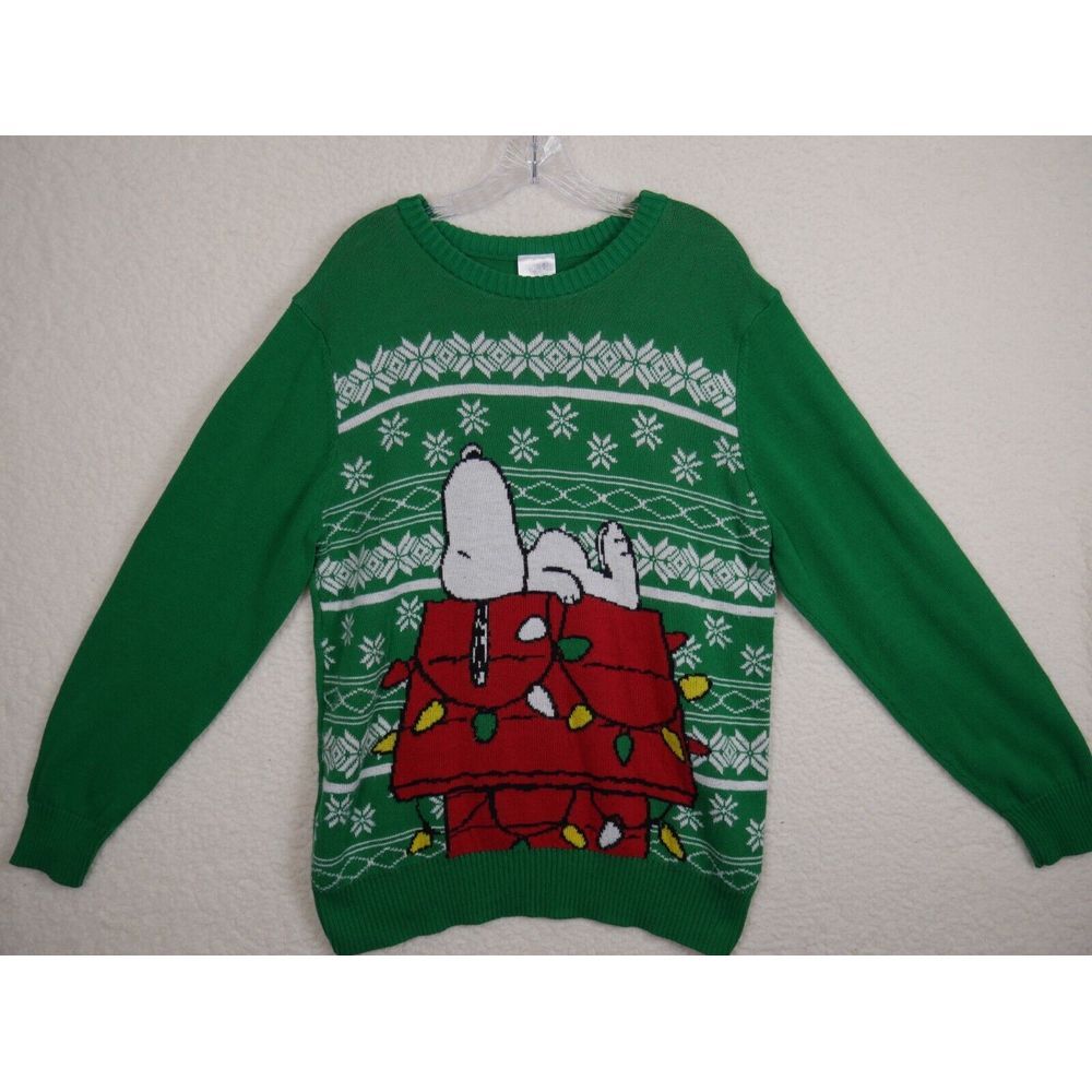 Peanuts Christmas Sweater Mens Large Green Snoopy Ugly Christmas Sweater Holiday